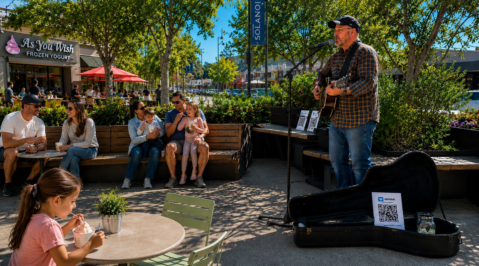 Steve busking outdoors with guitar and tip jar